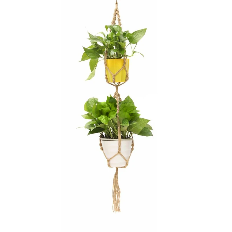 JX-LCLYL 125cm Dark Jute Double Macrame Plant Hanger 2 Tiers Plant Pot Hanging Holder
