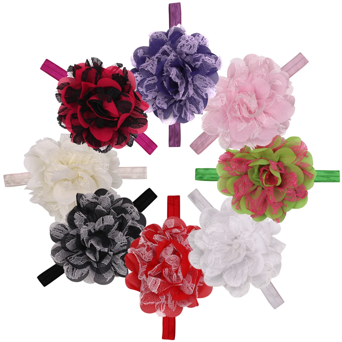 Мода г. 4 дюйма 8 шт./лот Кружево цветочные Hairbands для детей девочек шифон цветы ленты для волос Дети Аксессуары;