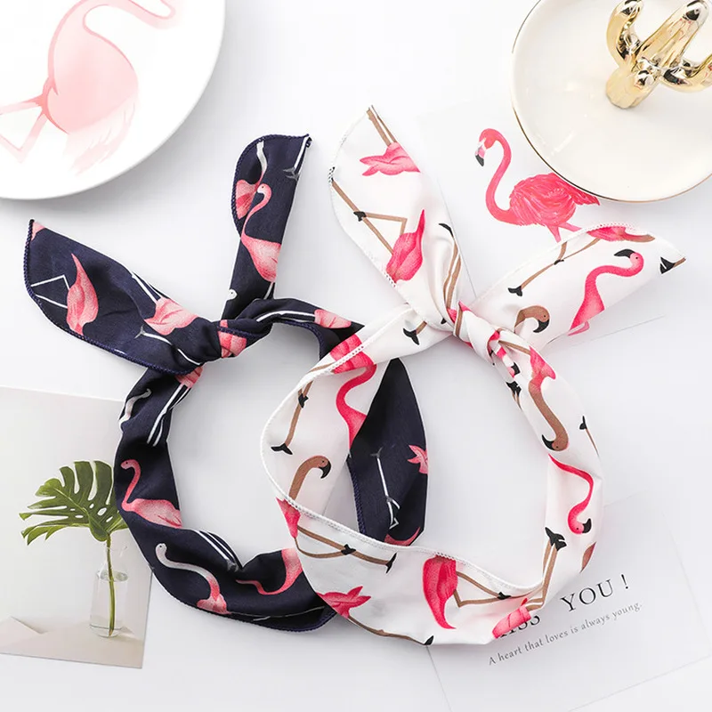 

2019 Women Cute Cartoon Flamingo Printed Hairbands Headdress Rabbit Ears Headbands for Girls Scarf Bow Headwear Hair Accessories