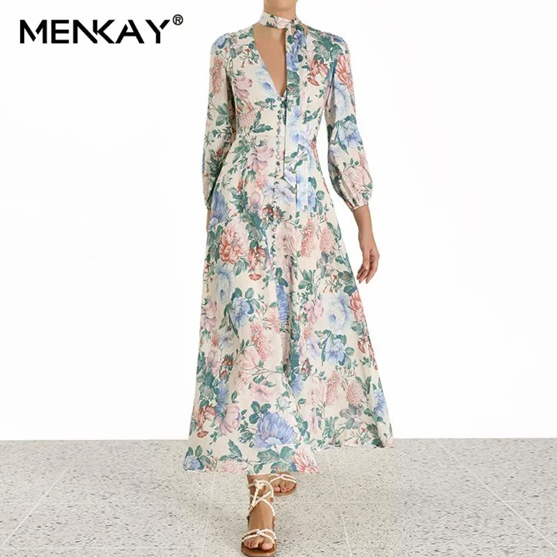

[LIVIVIO] 2019 Autumn V Neck Long Maxi Dress Sash Tie ZIM Floral Printed Lantern Long Sleeve Elegant Vacation Ladies Fashion