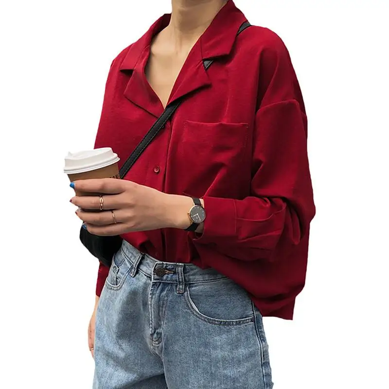

Lady Spring Autumn Women's Blouse Long Sleeve Button Down Pockets Solid Color Turn Down Collar Loose Chic Blusas Wide Shirt D194