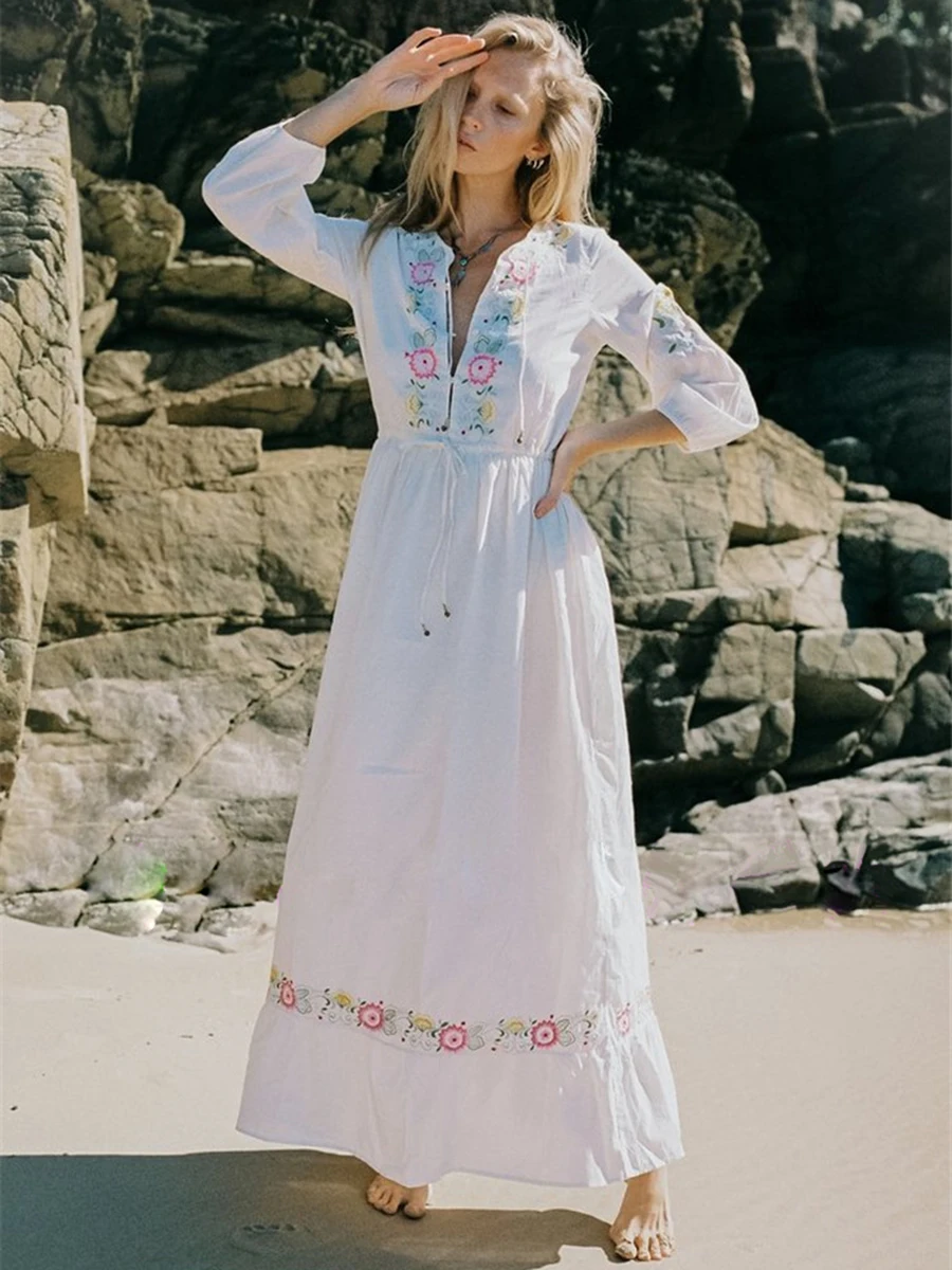 Boho Цветочные шикарное платье макси Для женщин Летняя одежда 2019 свободные рукава с v-образным вырезом Винтаж свободные платья пляж хиппи