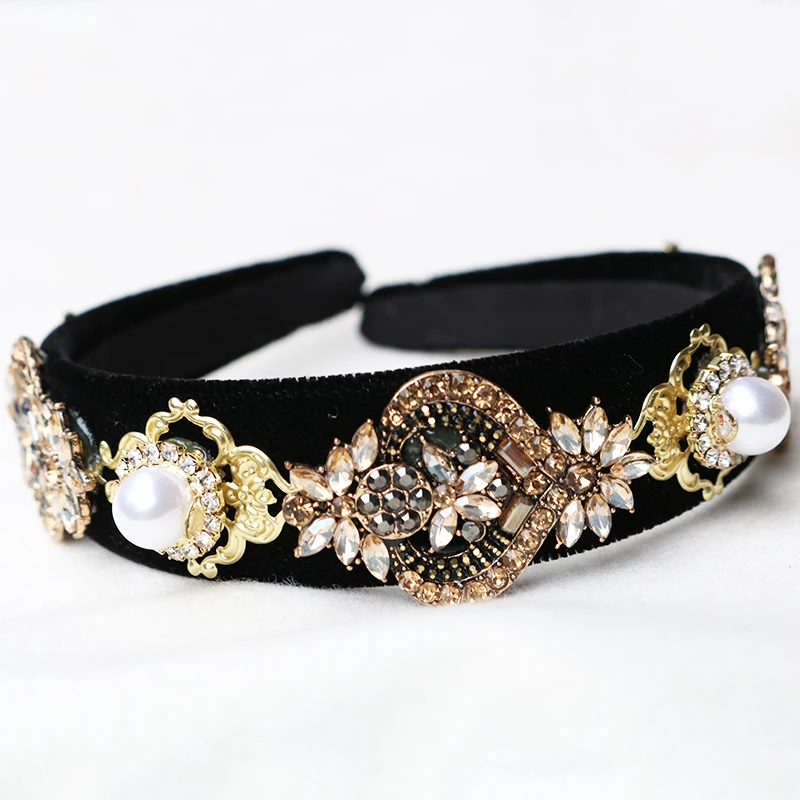 

Charm Velvet Geometry Crystal Baroque Headband Gem Queen Crown Tiara Pearl Headwear Wedding Hair Jewelry Fashion Christmas Gift