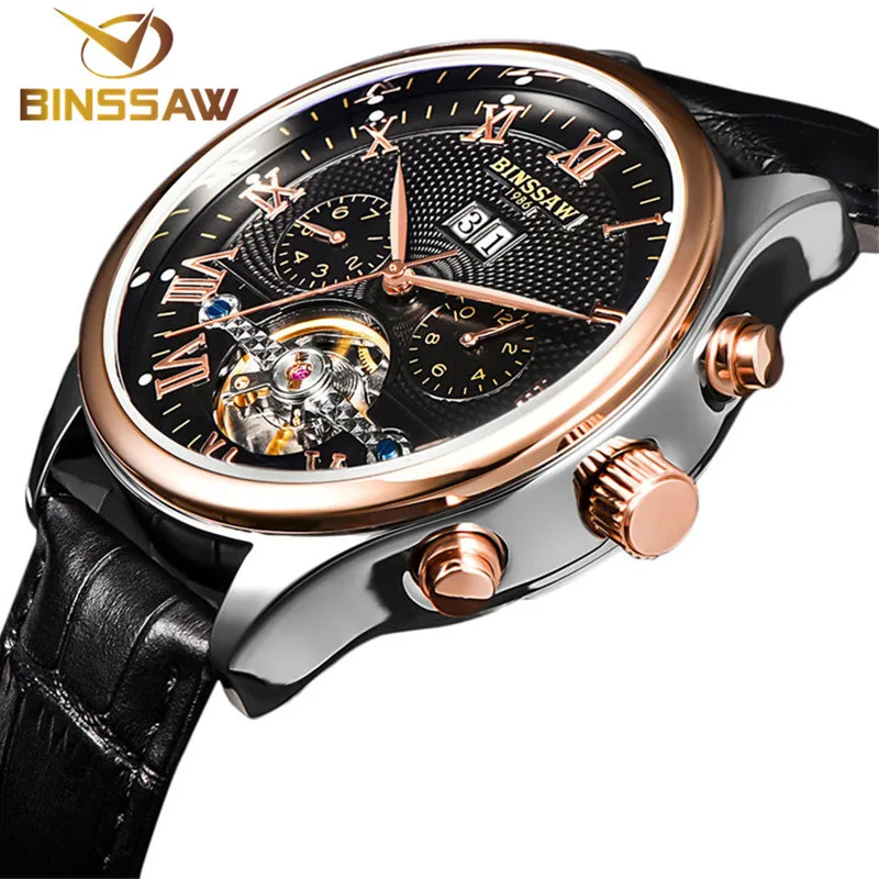 

BINSSAW 2017 Men's watch Automatic mechanical watch tourbillon clock leather Casual business wristwatch relojes hombre top brand