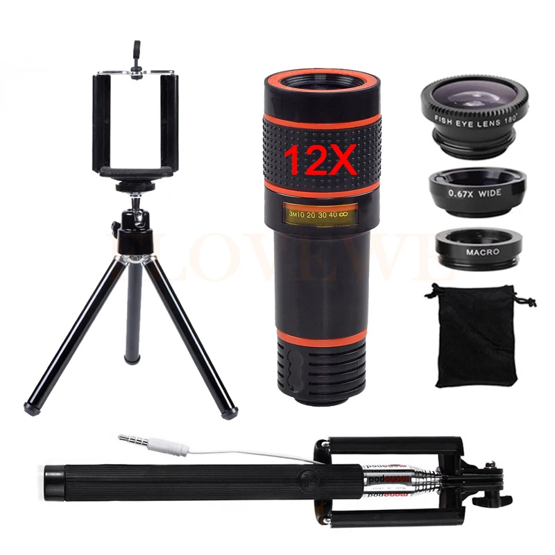 12X Telephoto Zoom Lenses Telescope Mobile Tripod Monopod Selfie Stick