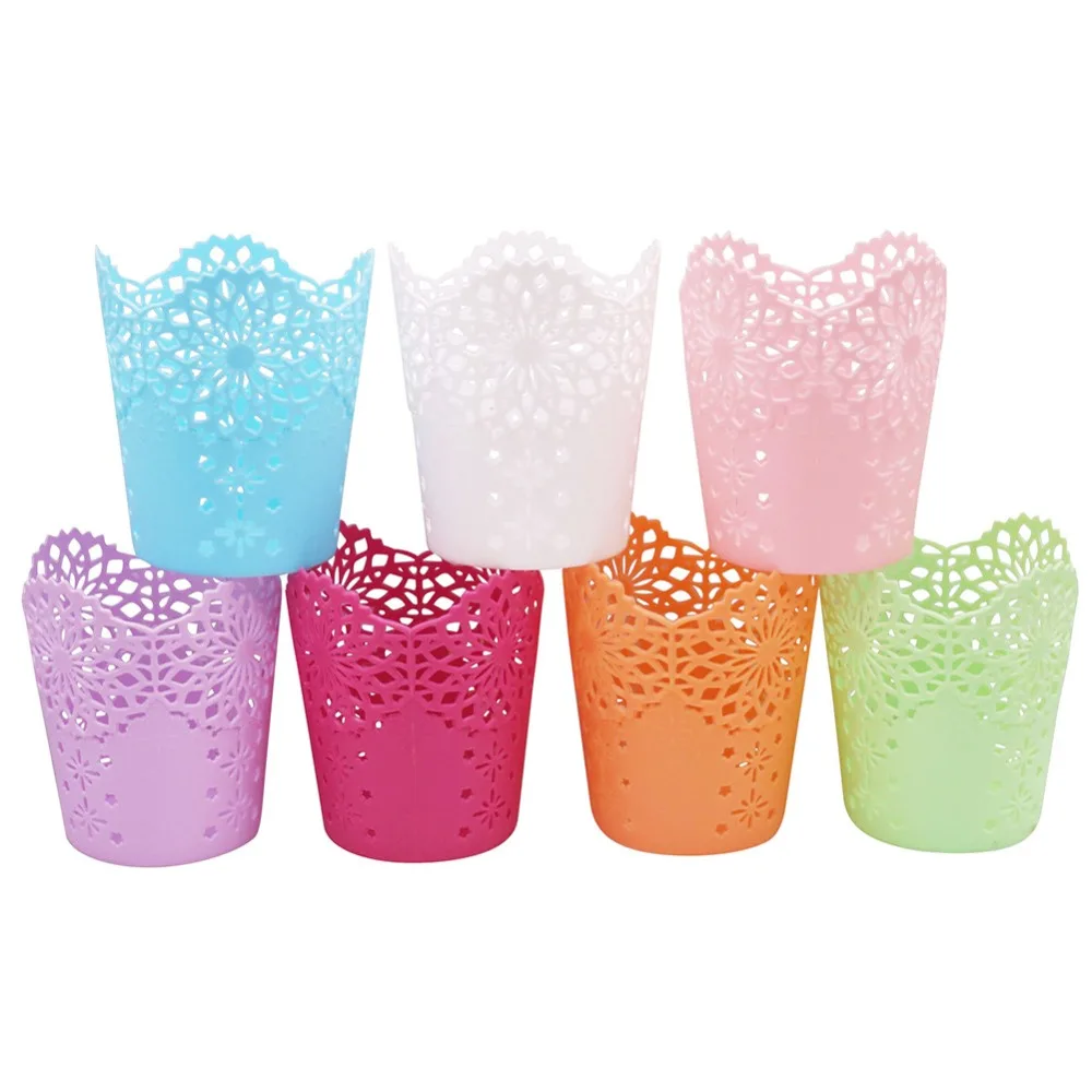 

2 pcs Lace Pencil Holder Desktop Storage Bin Small Trash Hollow Pattern Pen Holder Desk Organizer Seven Color Office Supplies
