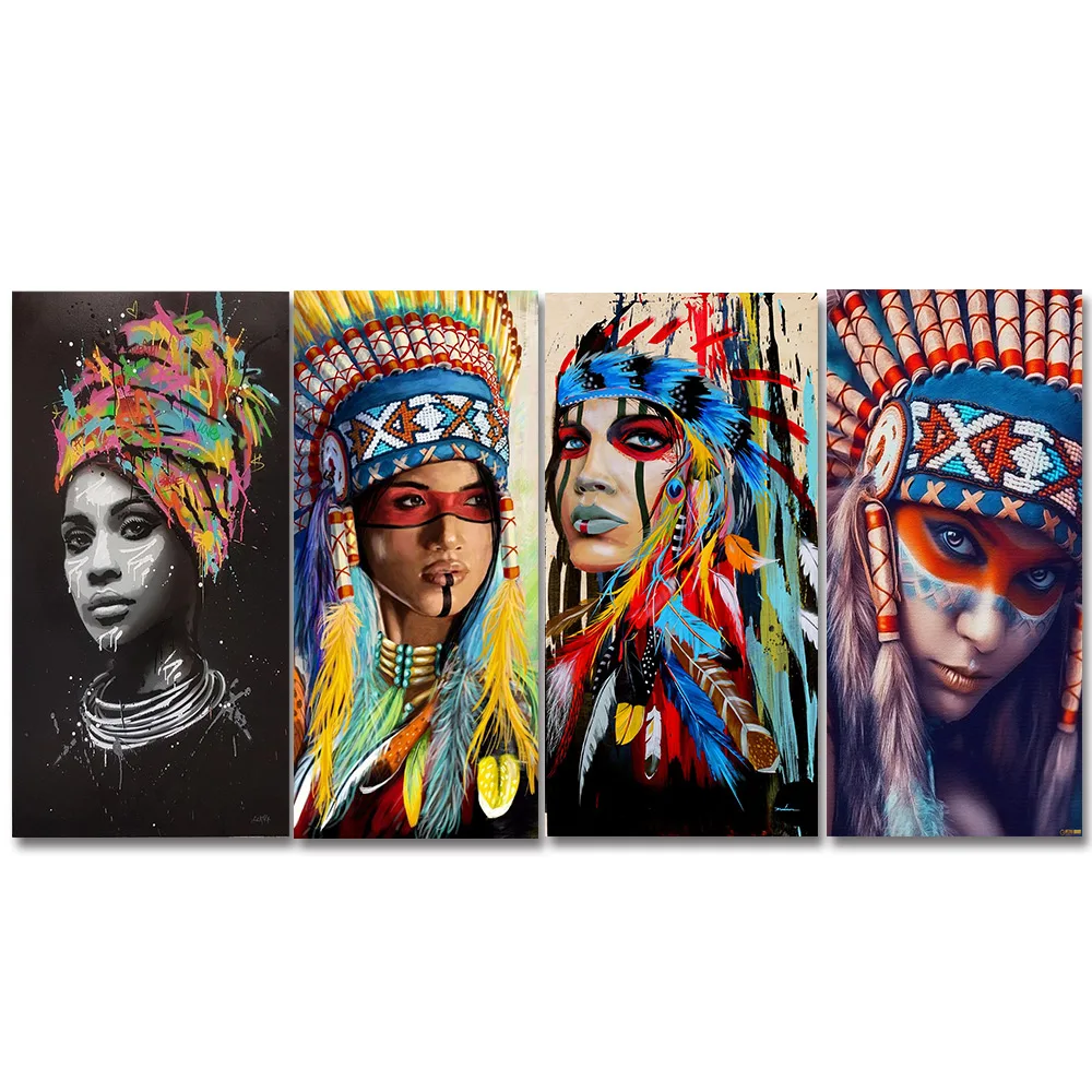 

Modern Native American Indian Girl Feathered Canvas Painting For Living Room Wall Art Prints Home Decor POP art Africa woman