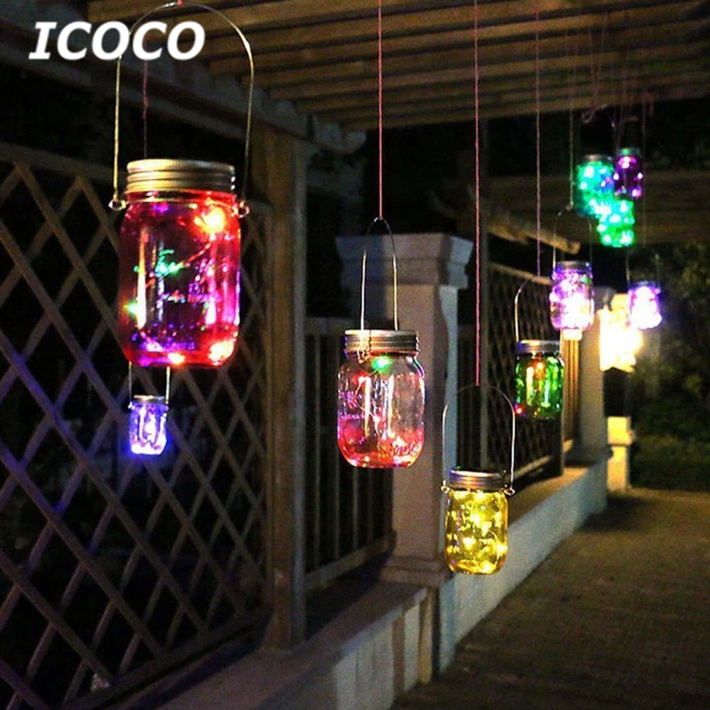

ICOCO Solar Mason Jar Light Waterproof Fairy Hanging Lamp+Steel Hanger Outdoor Landscape Decor Lamp for Holiday Wedding Party
