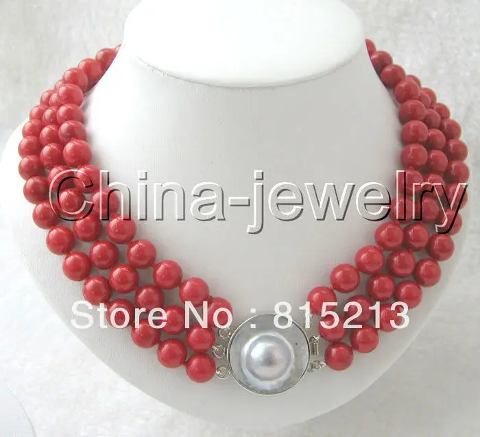 

Hot sell Noble- FREE SHIPPING>>@@@ A6 AAA 3row 8mm natural perfect round red coral necklace-925 silver blister Mabe