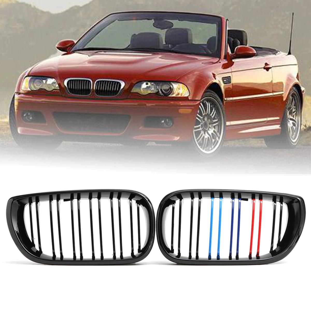 

3 Colors Pair M-Style Gloss Black Front Bumper Kidney Grills Grille Double Slat for BMW E46 4 Door 2002 2003 2004