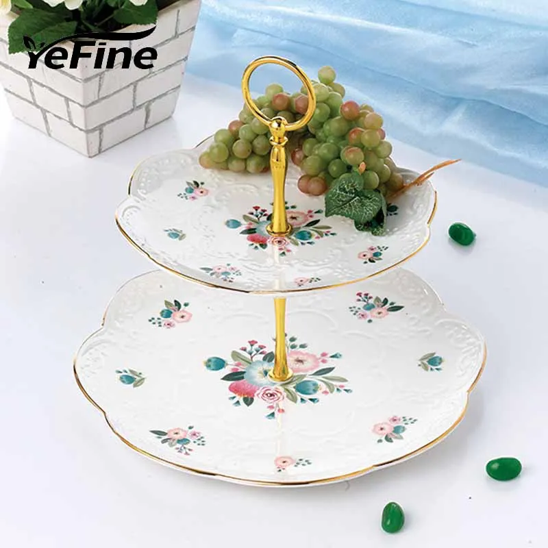 

YeFine European Style Relief Ceramic Dessert Plates Double Layer Fruit Tray Cake Snack Stand Holder Advanced Christmas Gifts