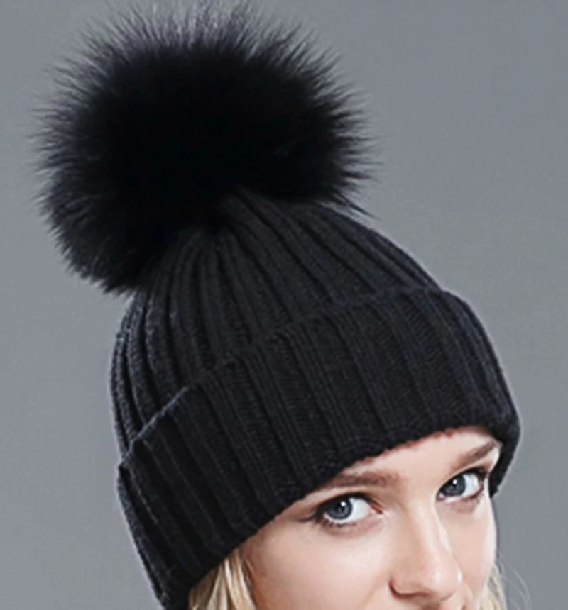 womens black pom pom hat