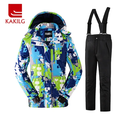 Мальчиков и девочек лыжные штаны куртка для сноуборда и брюки KAKILG лыжный костюм ветрозащитная Водонепроницаемый Дети дышащий - Цвет: color 7