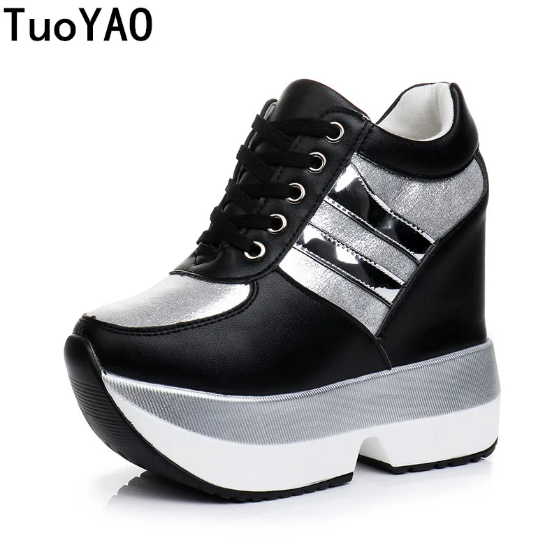 

2019 Spring High Platform Boots 12CM High Heel Women Thick Sole Shoes Leather Wedge Sneakers Waterproof Breathable Casual Shoes
