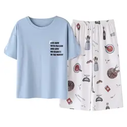 Женские пижамные комплекты 2019 новые весенние хлопковые пижамы летние укороченные брюки синие белые дышащие с буквенным принтом женские