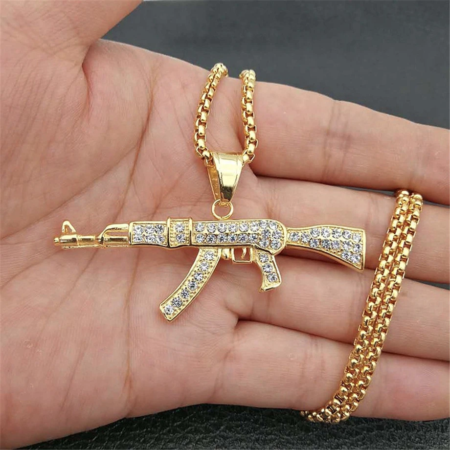 Хип-хоп ювелирные изделия AK47 Штурмовая винтовка узор ожерелье золотой цвет нержавеющая сталь крутая Мода кулон и цепь для мужчин