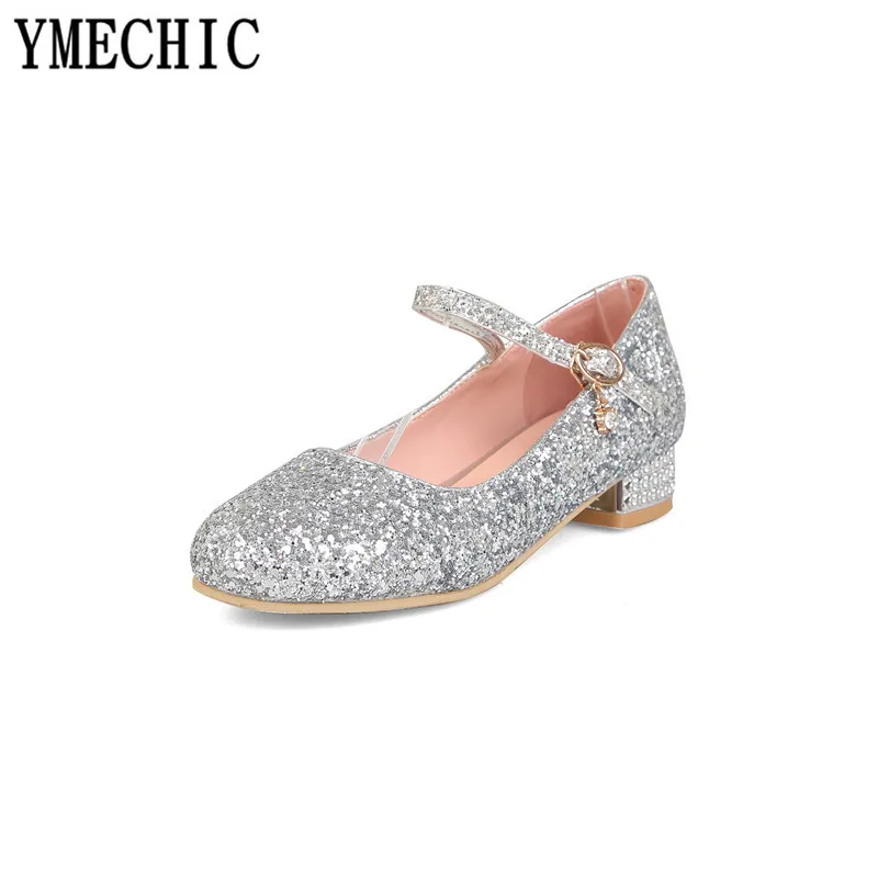 YMECHIC цвет серебристый, Золотой Bling Женские свадебные туфли на толстом низком каблуке блестящие Женские Туфли Мэри Джейн обувь для вечеринок Женские туфли-лодочки большого размера