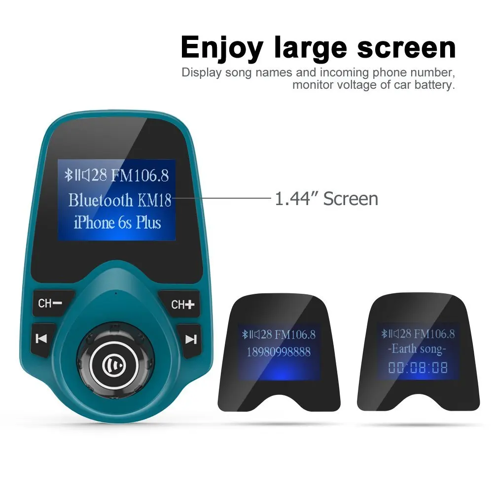 Nulaxy Bluetooth Car FM Transmmitter Audio Adapter Receiver Wireless Handfree Voltmeter Car Kit With 1.44 inch Screen MP3 Player