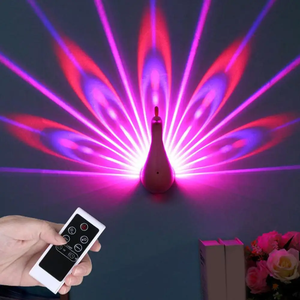 Personal Care USB Peacock Design Projection Lamp Remote Control Night Wall Light 3D LED Lamp Colorful LED Night Light Decor