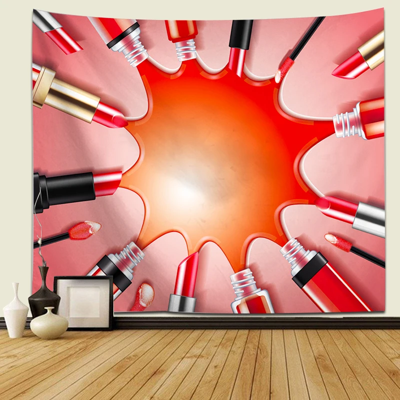 

Fashion Tapestry Cosmetic and Makeup Theme Pattern with Perfume Lipstick Nail Polish Brush Modern Wall Hanging