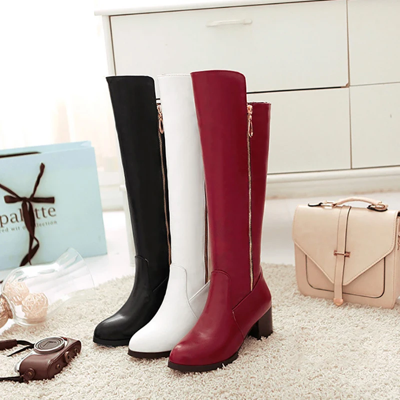 Beste Mid Kuit Laarzen 6 cm Hoge Hakken Vrouwen Schoenen Knie Hoge Blok Hak Laarzen Kristal Zwart Wit Rood Fashion Dames laarzen Plus Size 43