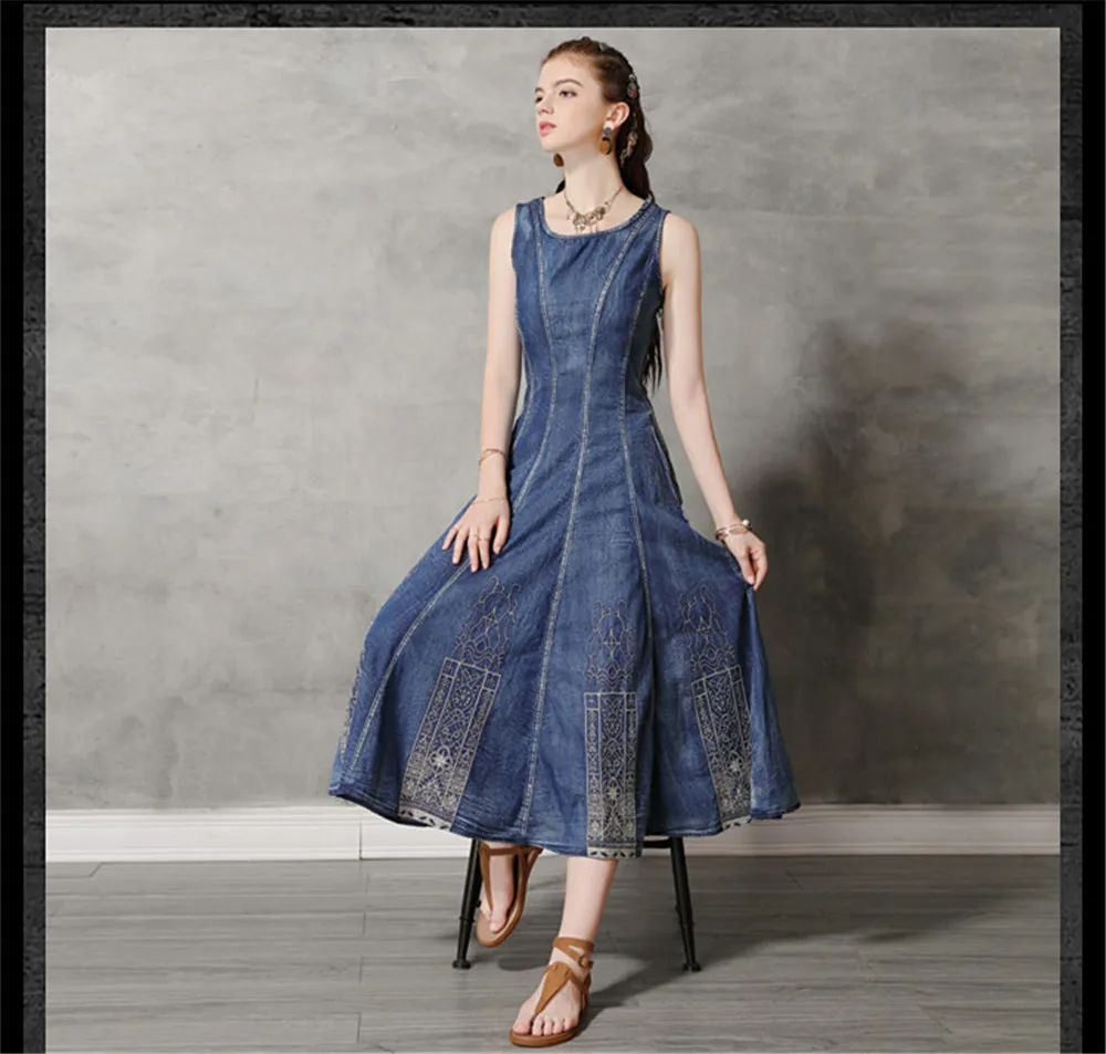 Vintage Summer Cotton Denim Dress 2019 Women's Dresses Sundress Embroidery O-Neck Vestido Women Tank Dress Sleeveless Dresses (7)