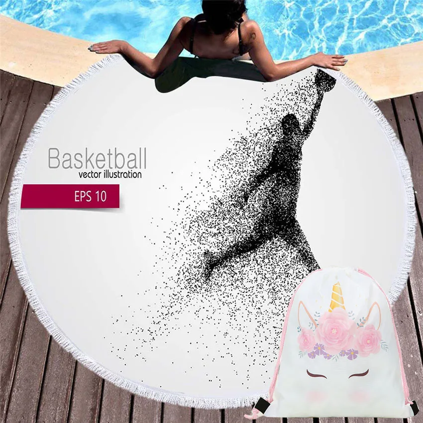 

Shooting Basketball Round Beach Towels Summer Blanket Home Spa Bath Towels Wall Tapestry For Adults With Drawstring Backpack Bag