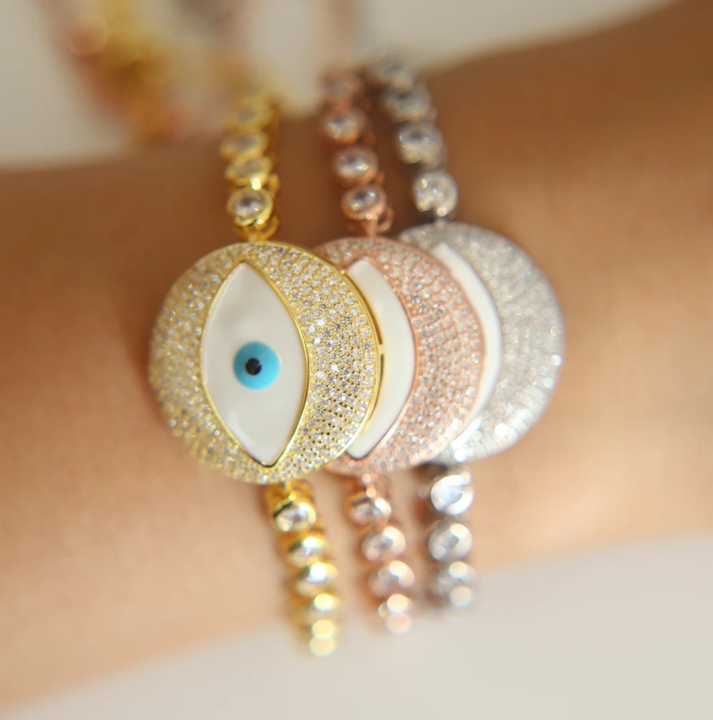 

high quality wholesale big round charm pendant tennis chain sparking bling CZ stone White turkish eye fashion bracelet jewelry