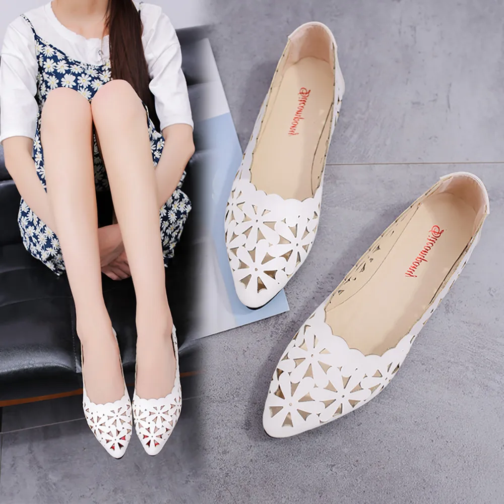 

2019 Women's Pumps New Fashion Spring Summer Shoes Shallow Low Heel Hollow Out Flower Shape Nude Shoes Pointed Toe Shoes