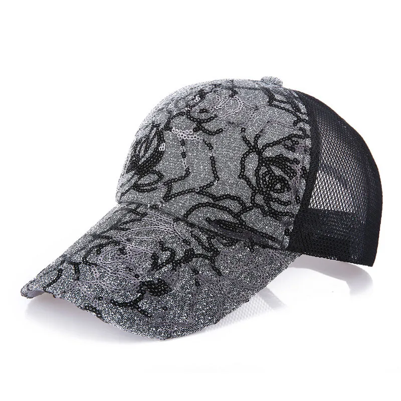 Women Charm 1PC Summer lace Rose Flower Sequins printing breathable Mesh Hat Adjustable Outdoor Sports Baseball caps
