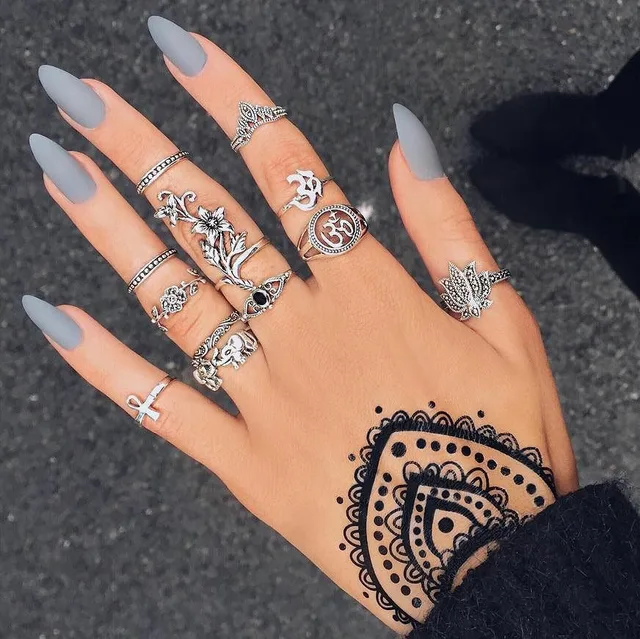 12 Pcs/set Women Bohemian Silver Rose Elephant Cross Crystal Lotus OM Yoga Joint Ring Set Party Birthday Jewelry Accessories