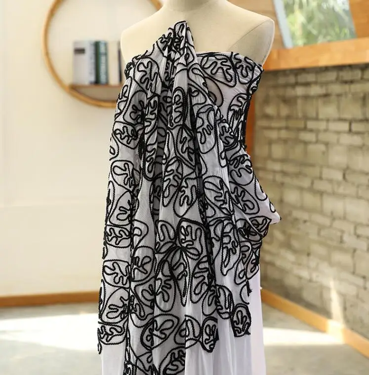 

Black Pattern doodle comic embroidery scene cotton textiles cloth fabric dresses diy laser wedding gauze party tweed fabric A433