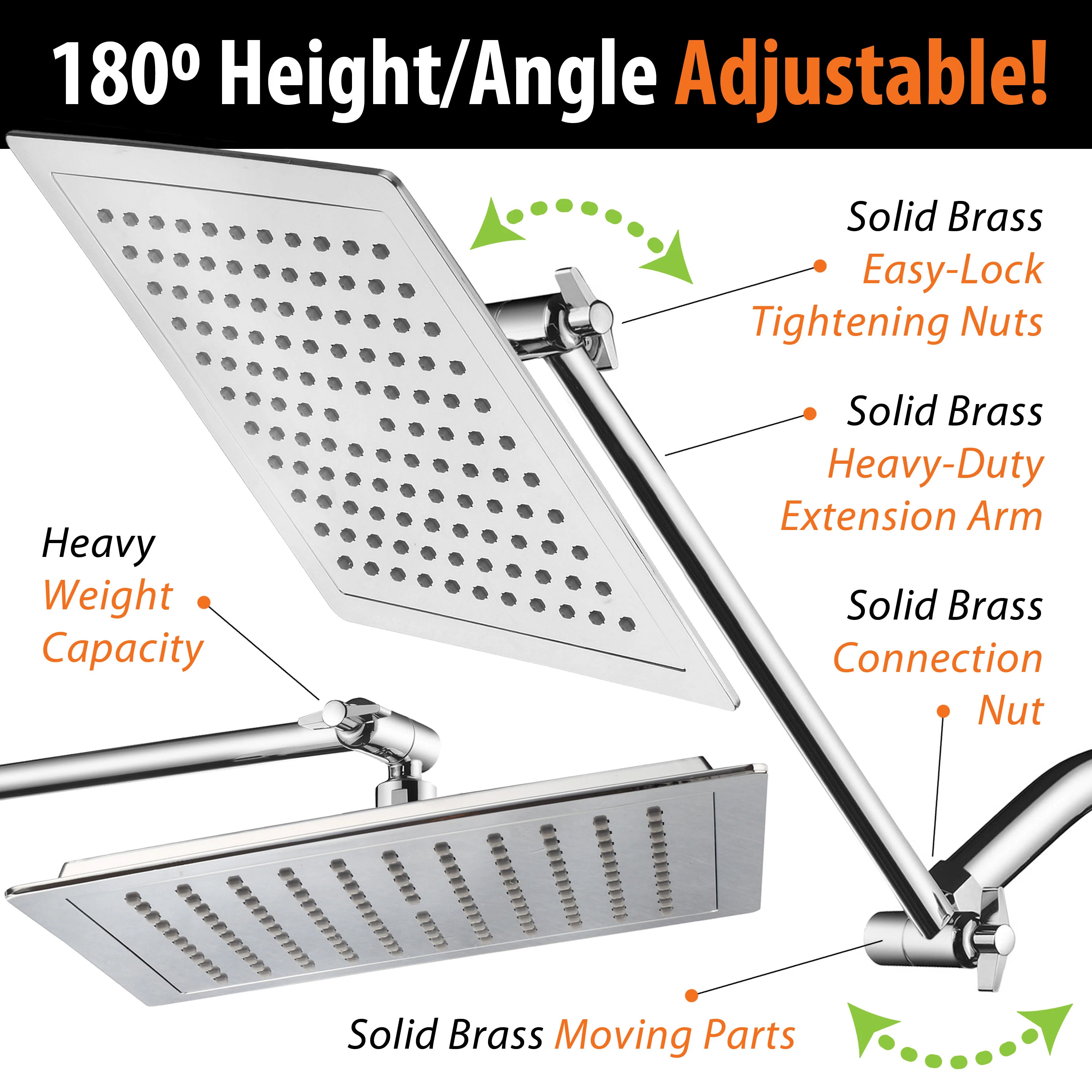 AquaSpa 9-inch Square Rain Shower Head and FREE 11 Inch Solid Brass Adjustable Extension Arm (5)