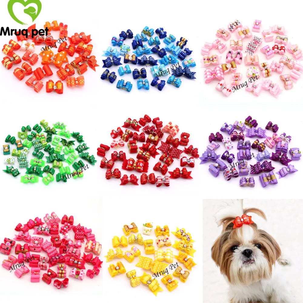 20pcs font b Pet b font Dog Cute Hair Bows with Rhinestone Flowers Ribbon Bows Dog