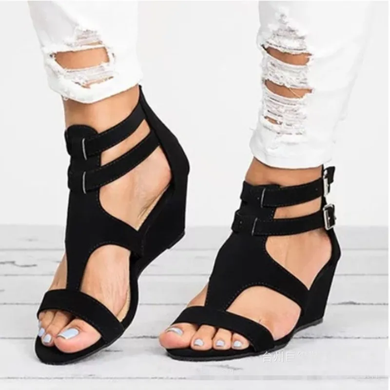 EOEODOIT Summer Wedges Heel Sandals Double T Strap Buckle Pumps Women ...