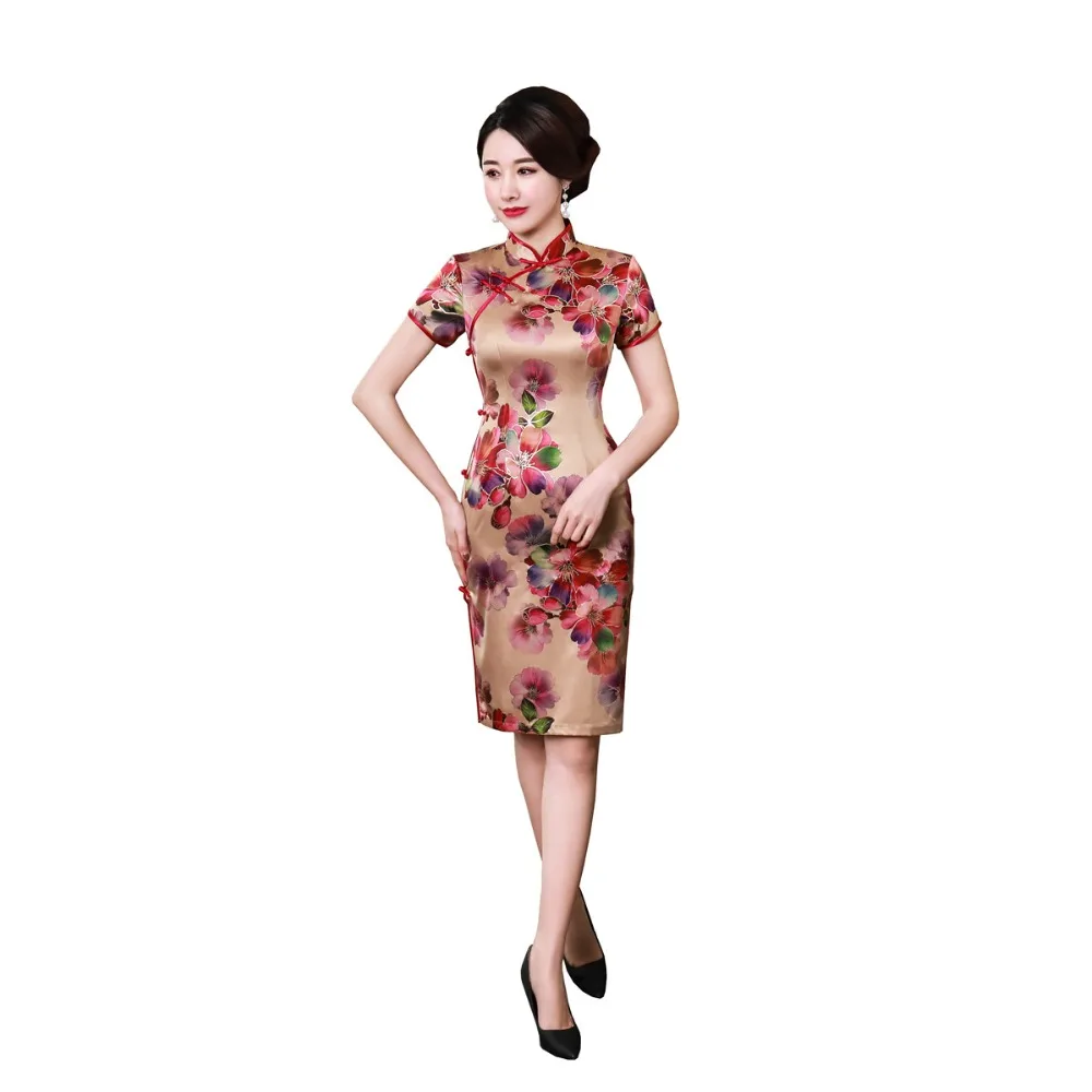 Шанхай история короткий рукав цветочный Qipao длиной до колена cheongsam платье китайский Восточный платья для женщин