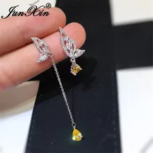 JUNXIN милые серьги-гвоздики с бабочкой для женщин, желтый кристалл, капля воды, циркониевые асимметричные серьги с кисточками, серебряные свадебные ювелирные изделия