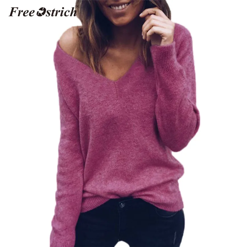 

Free Ostrich Knitted Sweater Women Pure Color Long Sleeve V-Neck Casual Sweater Tops Slim Pullovers Jumper Pull Femme N30