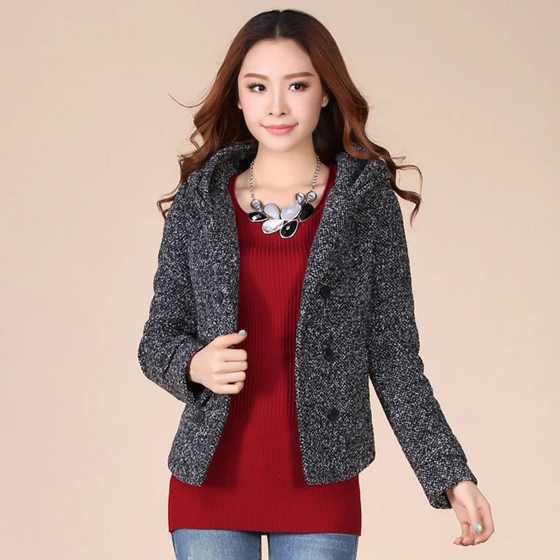 

2019 autumn women's double breasted overcoat hat fashion slim woolen tweed fabric short jacket femaleTP177