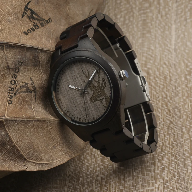 BOBO BIRD I26 Mens Unique Ebony Wooden Watches Deer Head Dial Casual Quartz Wrist Watches With Wood Links In Gift Watch Box