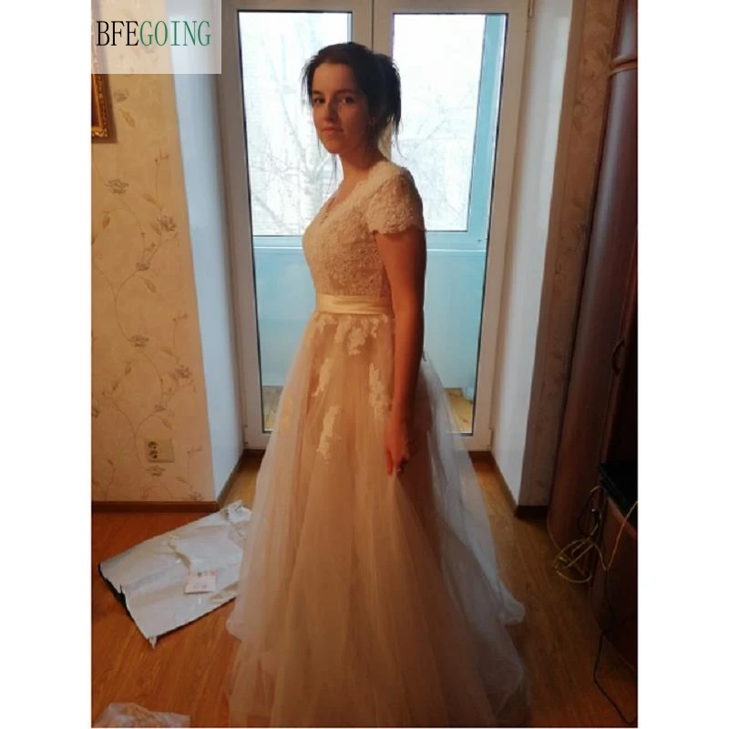 Vestido de novia кружевное ТРАПЕЦИЕВИДНОЕ свадебное платье с коротким рукавом и v-образным вырезом на спине, кружевное свадебное платье с тюлем