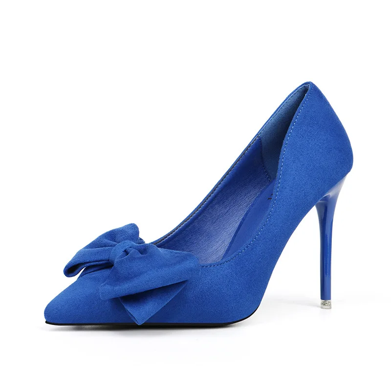 

Women Pumps Shoes Flock Bow Shallow Fashion Sweet Pointed Toe 10cm Thin High Heels Solid Party Lady Clun Female Shoes Plus Size