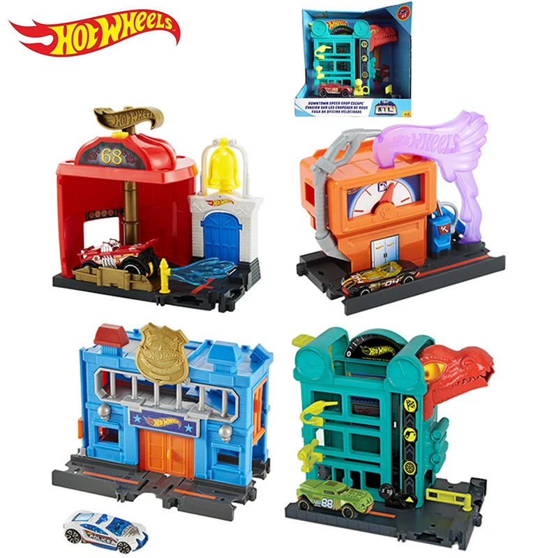 

Original Hot Wheels Car Track Model City Theme Series Downtown Fire Station Spinout Boys Play Set and Children Toys For Children
