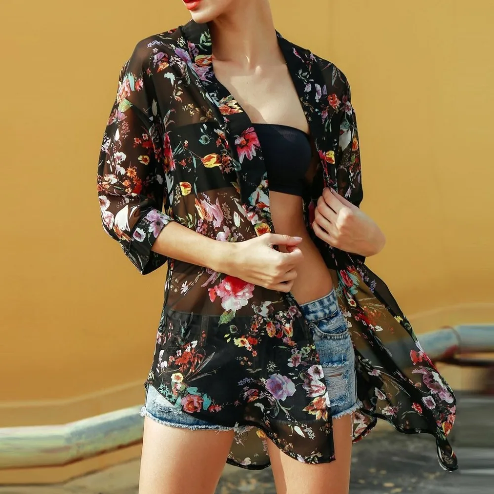 Блуза женская мода топы солнцезащитный крем Свободное пальто с принтом шифоновая блузка с коротким рукавом Пляжная накидка Женская vestido mujer Плайя 15
