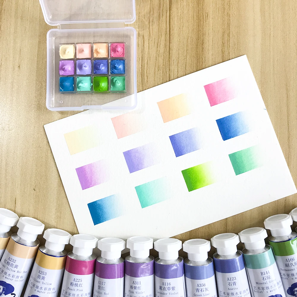 

Macaron Candy Color Watercolor Acuarelas profesionales arte 12 Color Water color Paint 0.5ml Trial Dispensing plate Packing