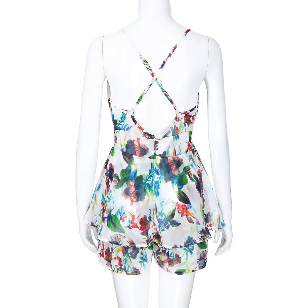Lady Vintage Spring Summer Beach Style V-cut Floral Printed Shorts Sexy Bodies Trim Sweet Sweet Slim Overalls