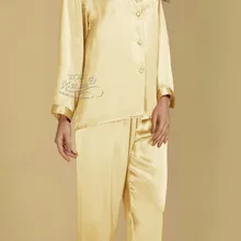 100 шелк тутового шелка с длинными рукавами и длинные брюки вышитое шелковое платье Домашний костюм(красное вино M-XXL