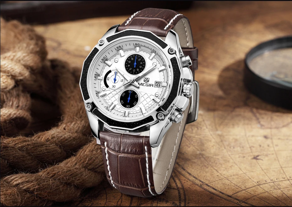 MEGIR часы Бизнес кварцевые мужские часы военные водонепроницаемые кожаные спортивные наручные часы с хронографом мужские часы Relogio Masculino