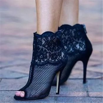 

Sexy Black Mesh Summer Ankle Boots For Women Design Women Gladiator Stiletto Boots Lady Dress High Heels Shoes Women Botas Mujer