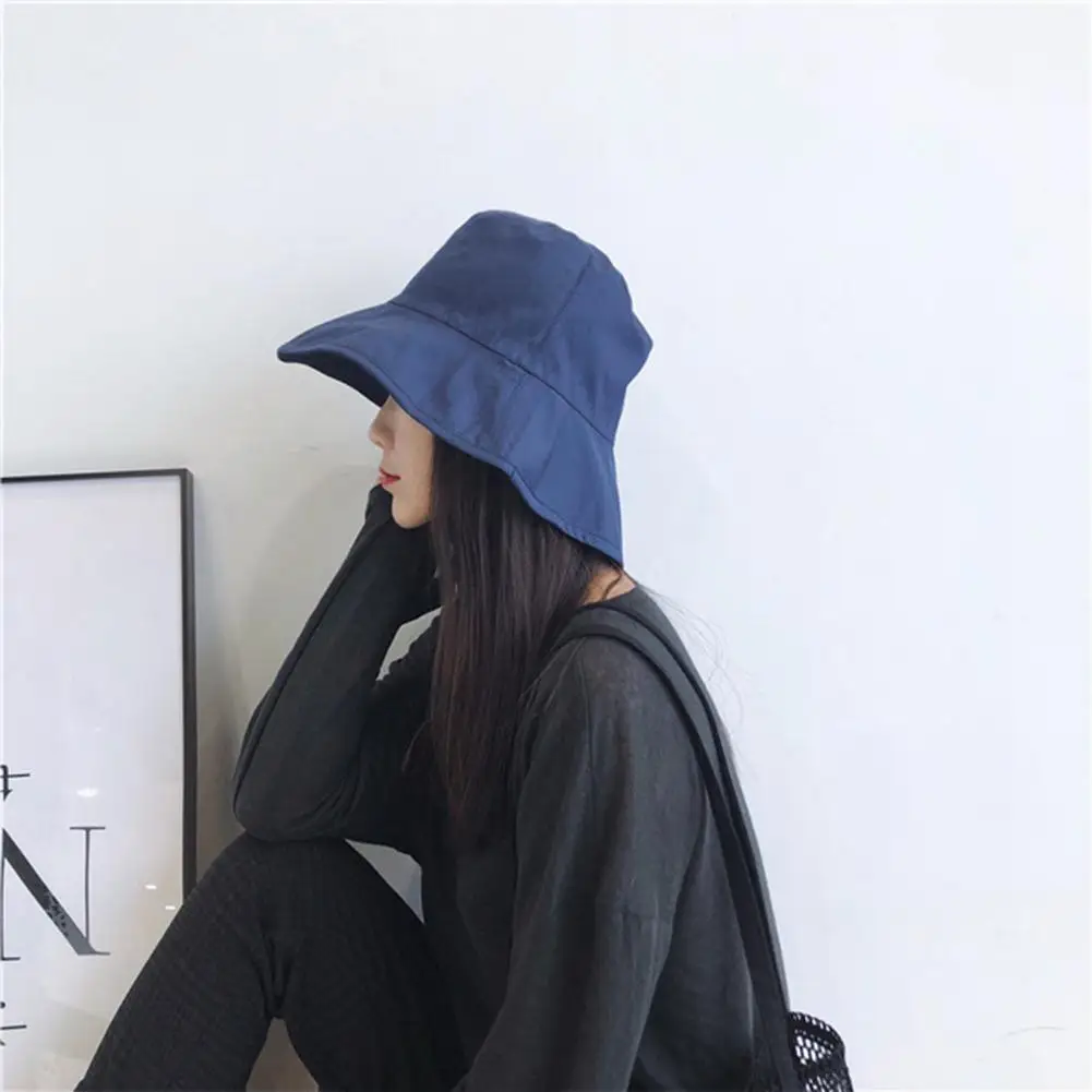 Navy DSstyles Summer ladies solid color Korean version of the big fisherman hat flat sunshade sunscreen hats - Цвет: Navy